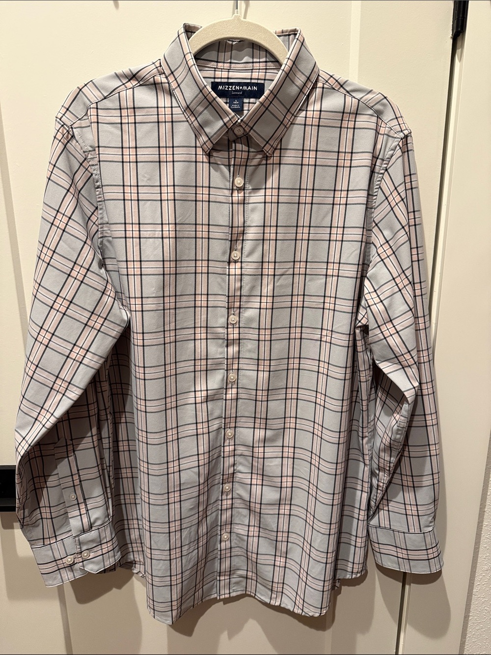 Mizzen+Main Leeward Light Blue Plaid Dress Shirt with Tan and Navy Lines